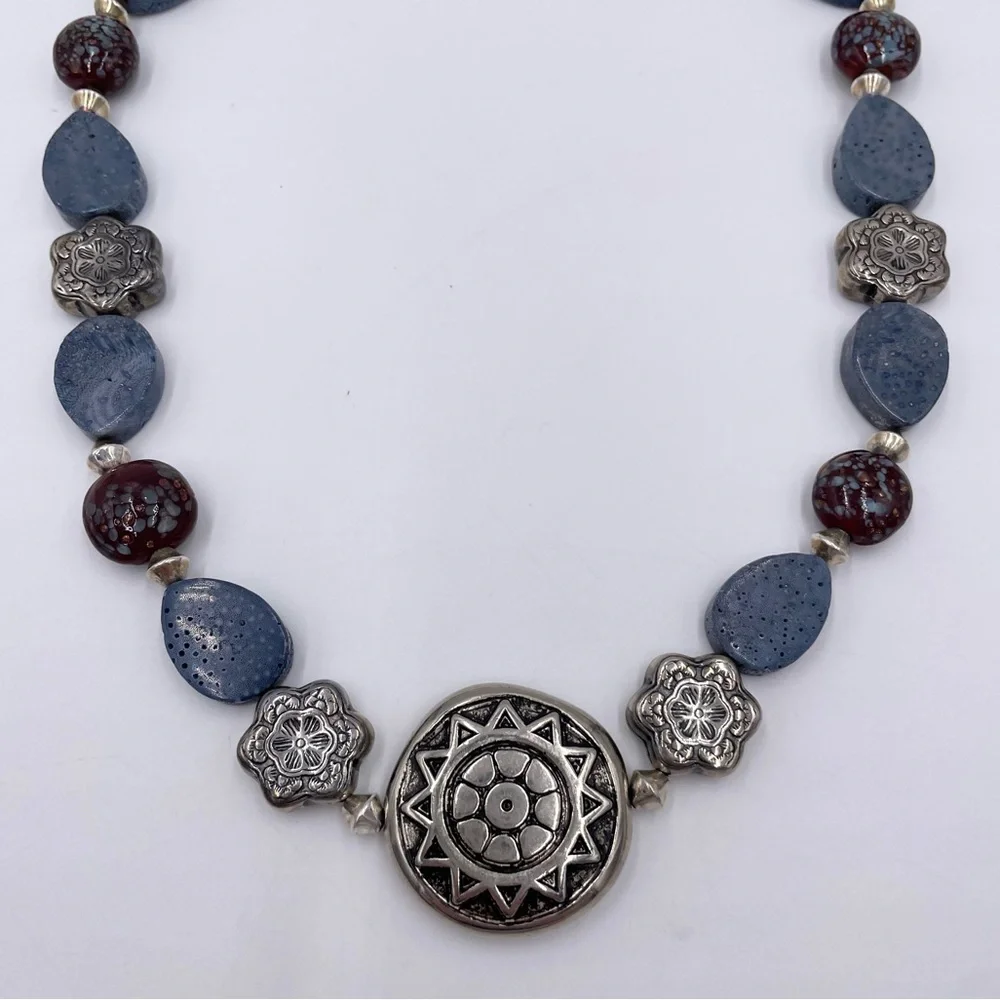 Silver Blue Natural Stone Beaded Statement Pendant Necklace Artsy Unique Boho
